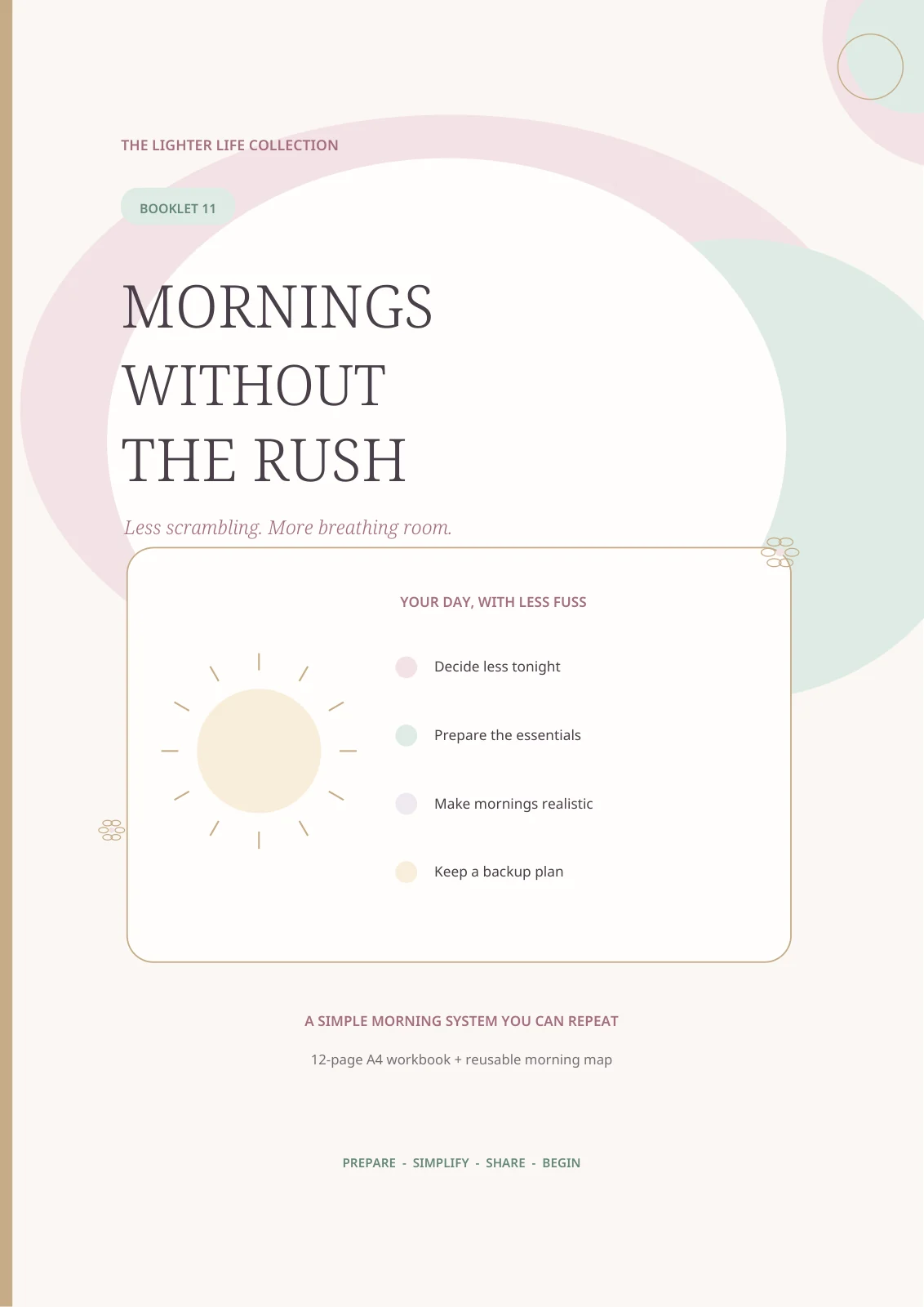 Actual cover of Mornings Without the Rush, an A4 printable workbook