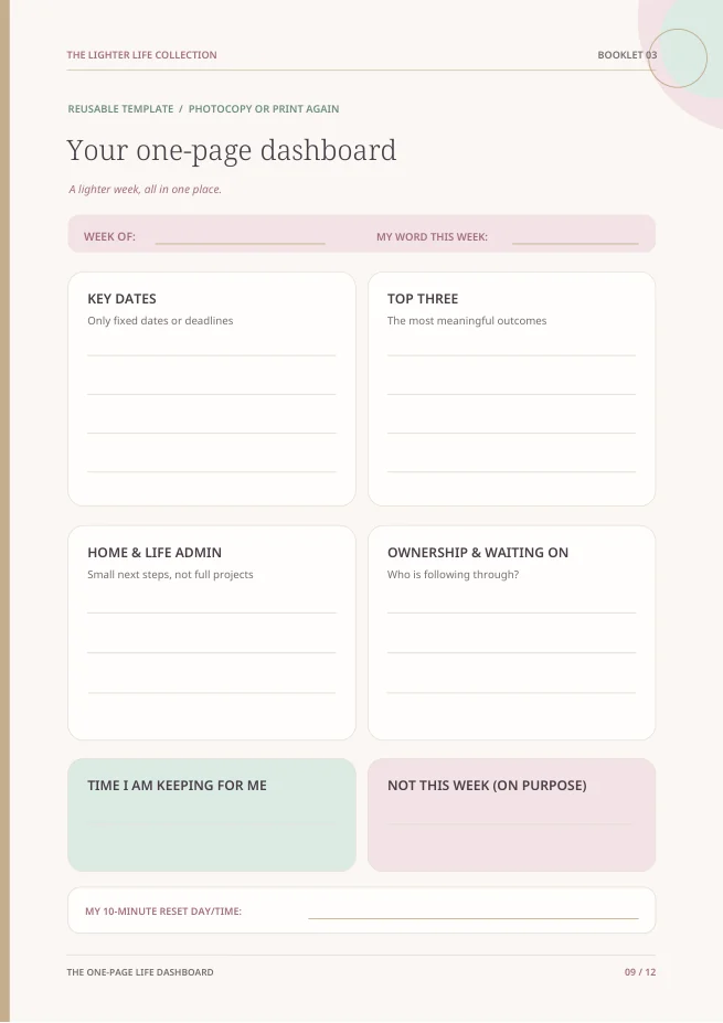 Real one-page Life Dashboard printable