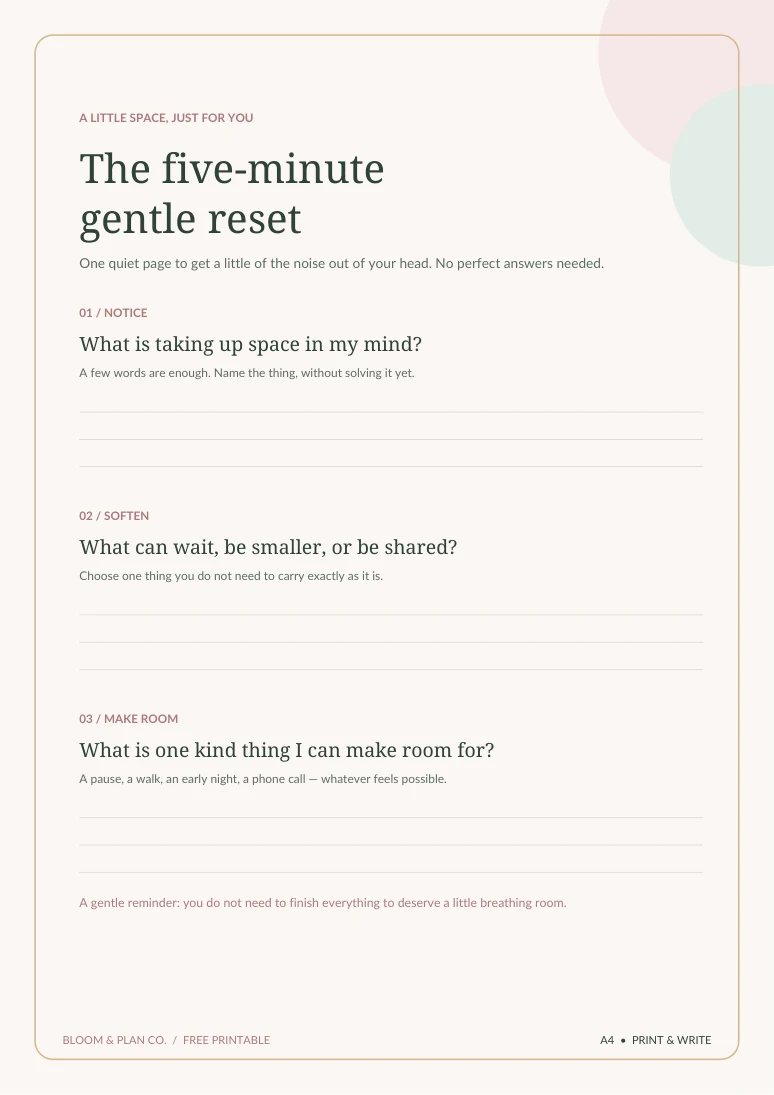 Preview of the free Five-Minute Gentle Reset printable